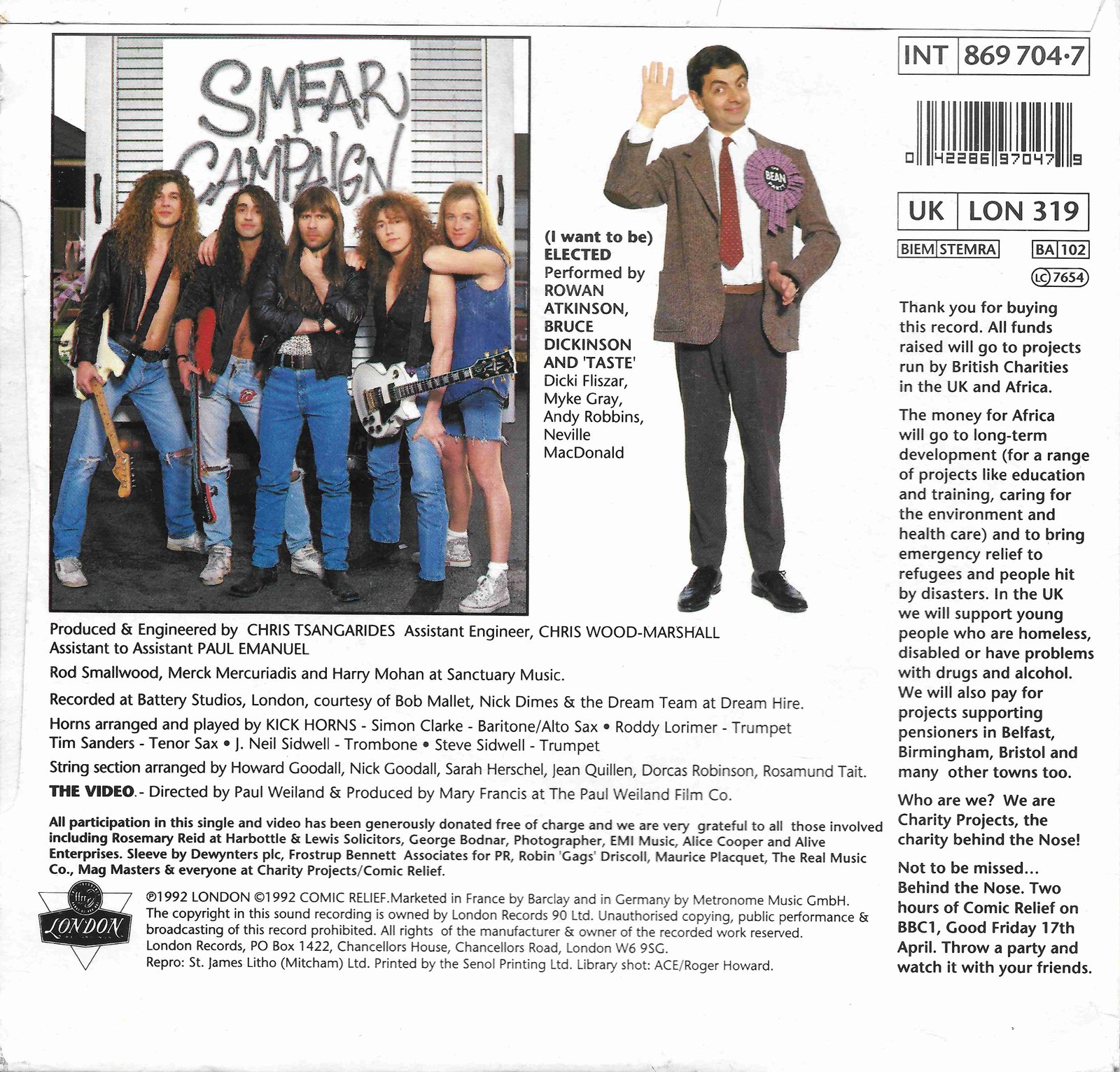 LON 319 (I want to be) Elected Mr. Bean / Smear Campaign from the BBC records and Tapes library Back cover of LON 319